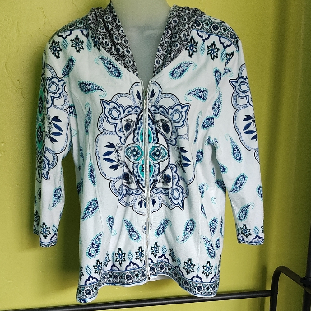 Onque Casuals White and Blue Zip-Up Hoodie